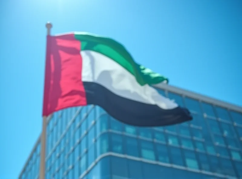 Image of the UAE flag waving in front of a modern courthouse