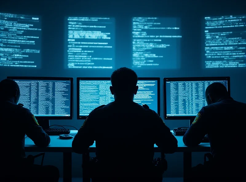 Illustrative image of police officers arresting a suspect in a dark room filled with computer screens, representing the crackdown on AI-generated content.