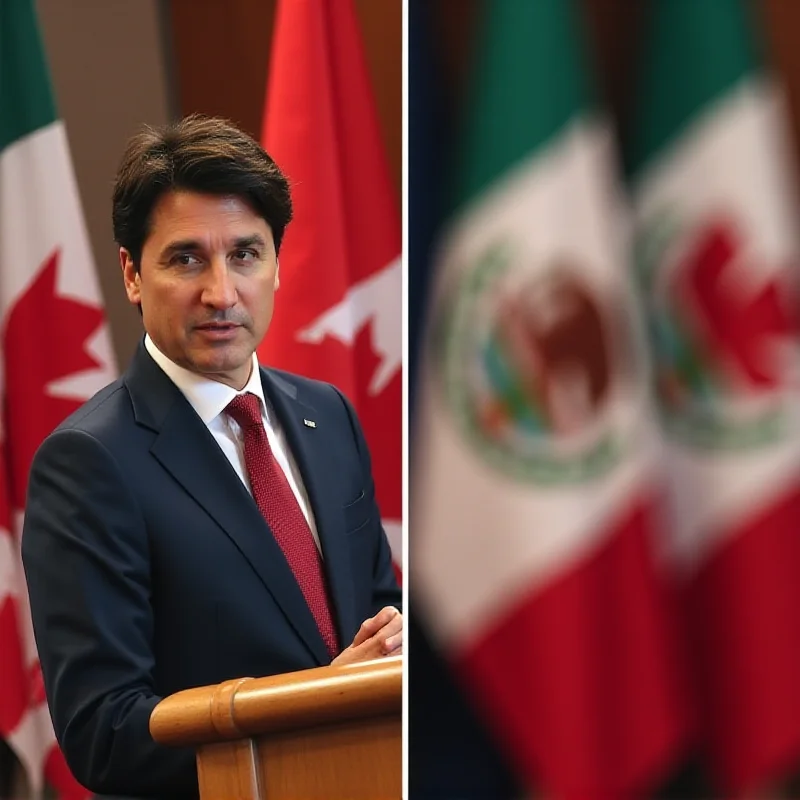 A split image showing Justin Trudeau giving a speech with a Canadian flag backdrop on one side, and the flags of Mexico and Canada shaking hands on the other side, symbolizing Canadian support for Ukraine and the joint efforts of Mexico and Canada.