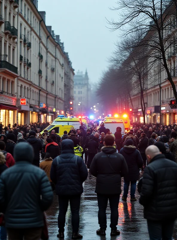 A crowded city square with emergency vehicles and concerned citizens.