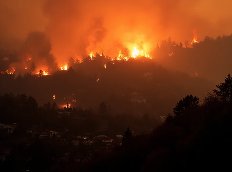 A raging forest fire in Japan, with homes visible in the foreground. Smoke fills the sky.