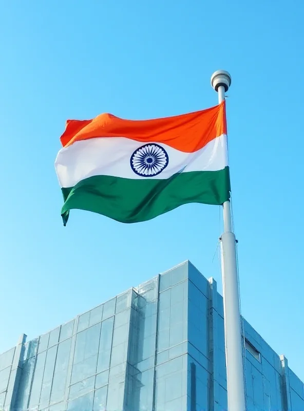 The Indian flag waving in front of the Indian embassy in Abu Dhabi, UAE.