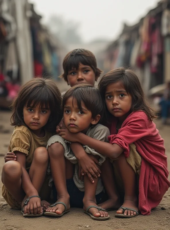 A group of children in a refugee camp, looking sad and worried.