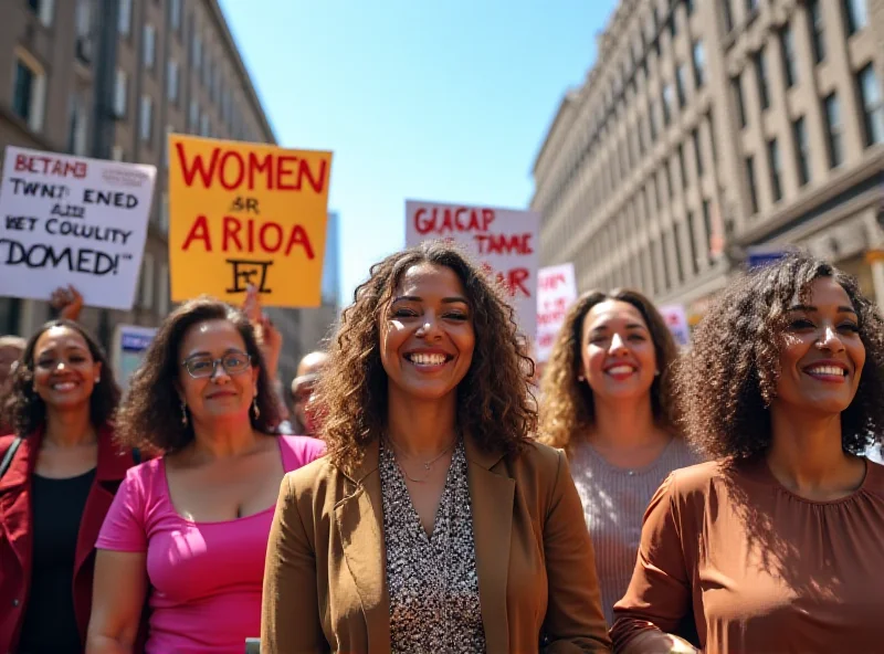 Illustration of diverse group of women marching together holding signs, celebrating women's rights. 