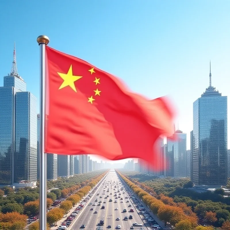 The Chinese flag waving in front of a modern cityscape