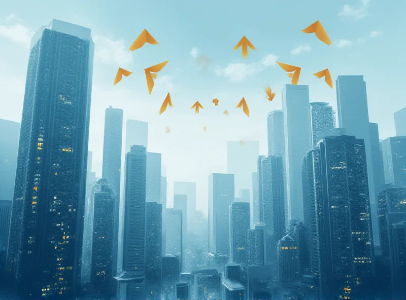 A modern cityscape with skyscrapers representing global finance and technology, under a sky with arrows pointing in different directions, symbolizing shifting investment flows.