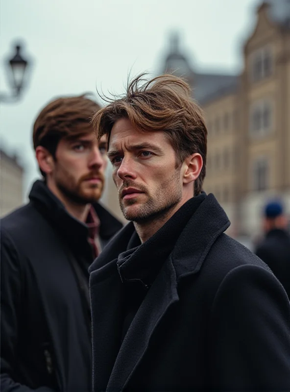 The Collison brothers, founders of Stripe, looking thoughtfully into the distance, with a blurred background of a modern European city.