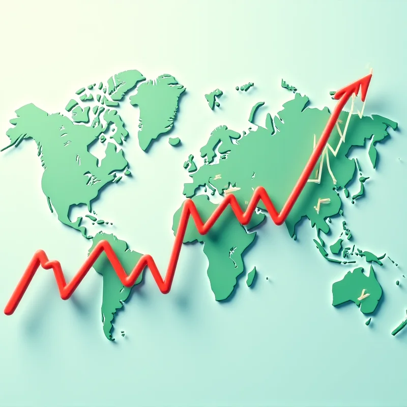 A stylized graph showing upward and downward trends, representing the volatility and uncertainty in the global market. The graph is set against a world map.