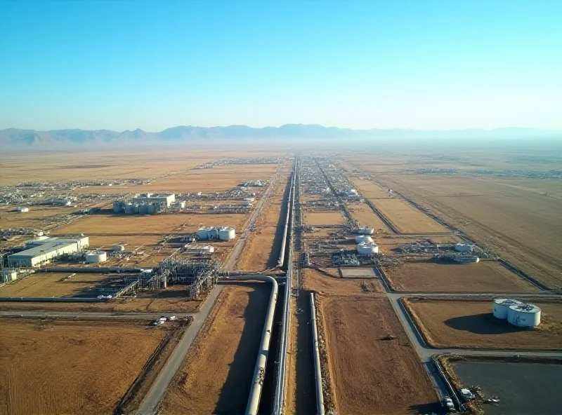 Aerial view of a vast oil field in Kazakhstan, with pipelines and storage tanks stretching across the landscape, emphasizing the scale and importance of the oil industry to the country's economy.