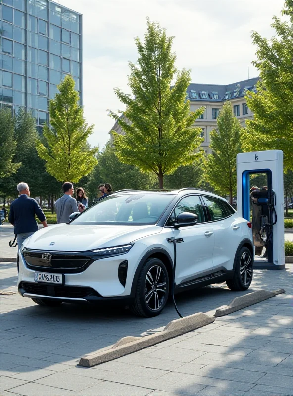 A modern electric vehicle charging at a station in a European city, with sleek architecture and green spaces in the background, symbolizing the transition to sustainable transportation and urban development.