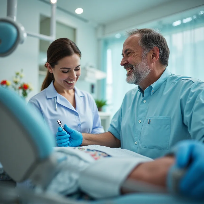 A friendly dentist smiling at a patient during a check-up in a modern dental office, with state-of-the-art equipment and a calm atmosphere, symbolizing the importance of oral health and access to dental care.