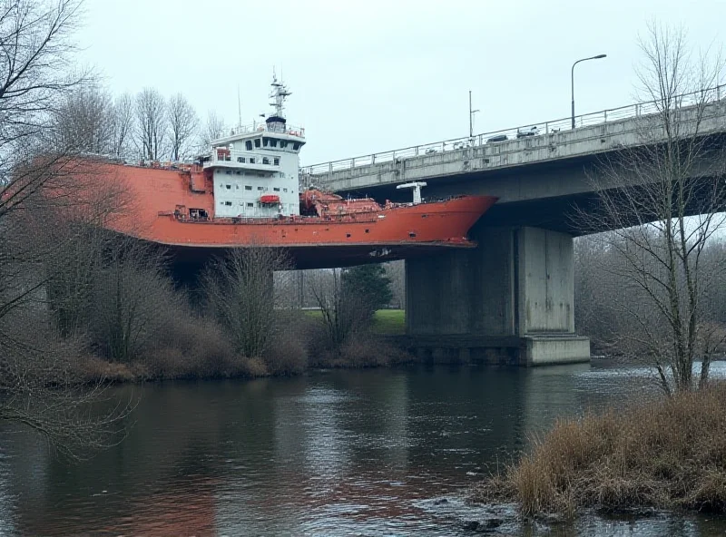 Cargo ship passing under a damaged bridge in Germany