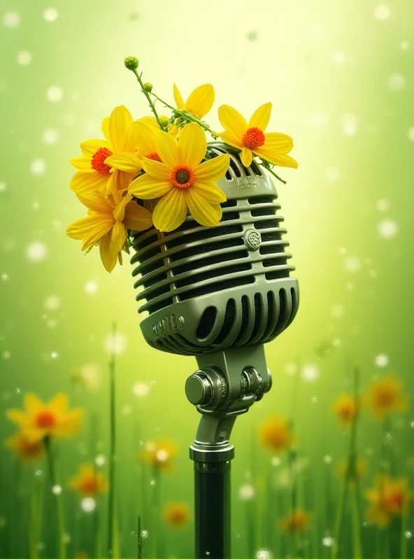 A digital illustration of a microphone with St. David's Day symbols like daffodils and the Welsh flag.