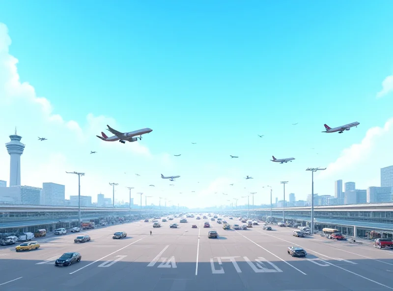 Aerial view of a busy German airport with planes taking off and landing.