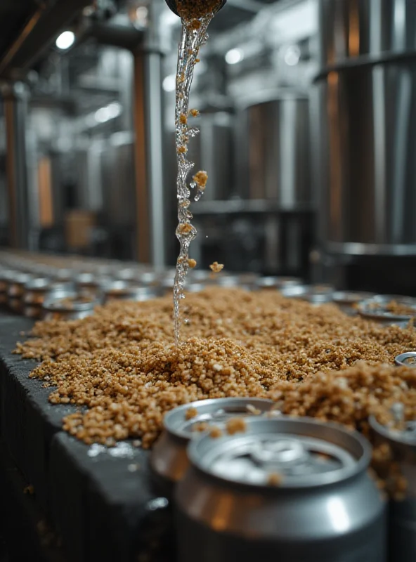 Close-up of aluminum cans being filled in a brewery, with a focus on the brewing process and the raw materials.