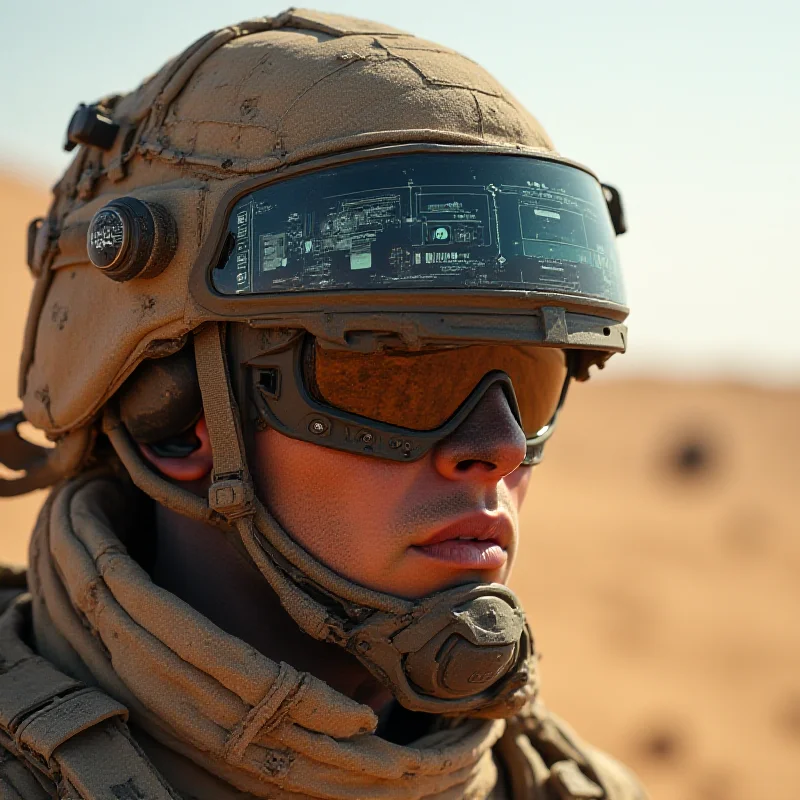 A futuristic soldier wearing a heads-up display, representing the IVAS technology, in a military training exercise.