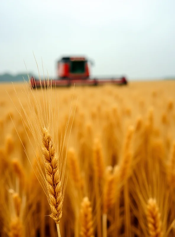 A field of golden wheat swaying in the wind in Ukraine, with a combine harvester working in the distance. The sky is overcast and there are signs of war damage in the background, such as damaged buildings or craters.