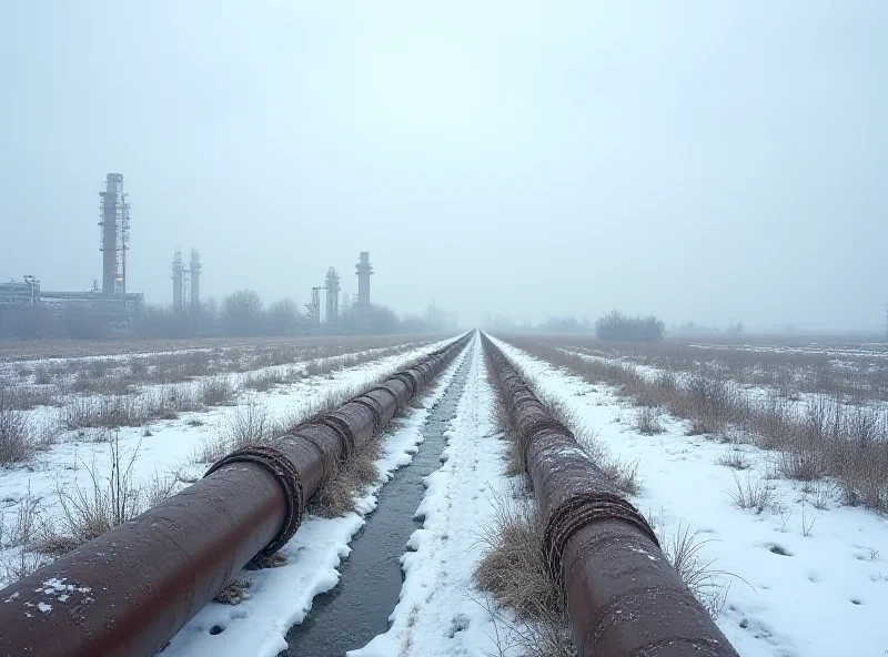 A vast landscape of a Russian gas field, with pipelines and industrial infrastructure stretching into the distance. The scene is bleak and cold, with snow on the ground and a gray sky. The overall impression is one of decline and obsolescence.