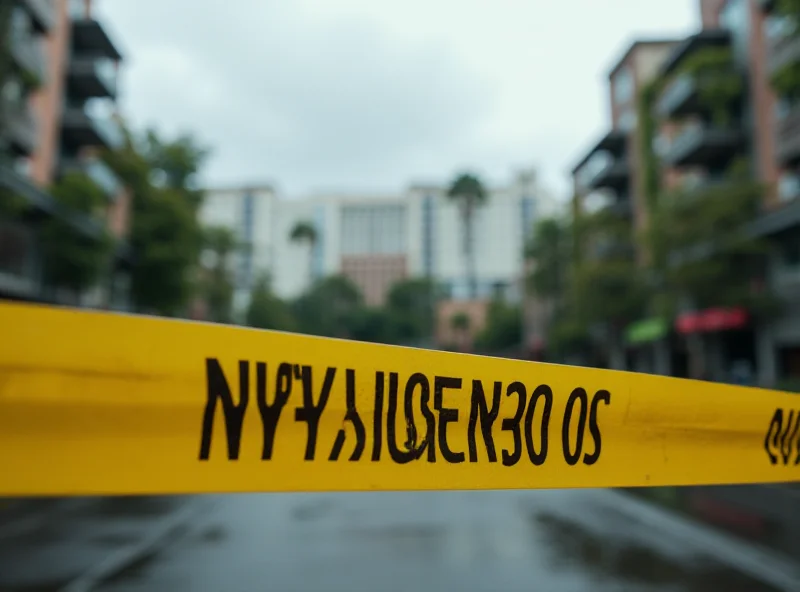 Police tape cordoning off an apartment building in Medellin, Colombia, at day.