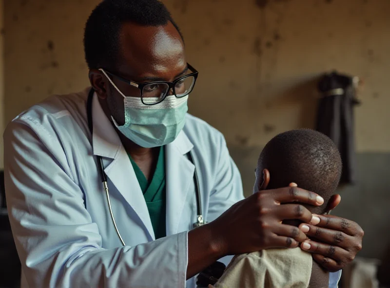 Image of concerned medical professionals in protective gear examining a patient in a rural African village.