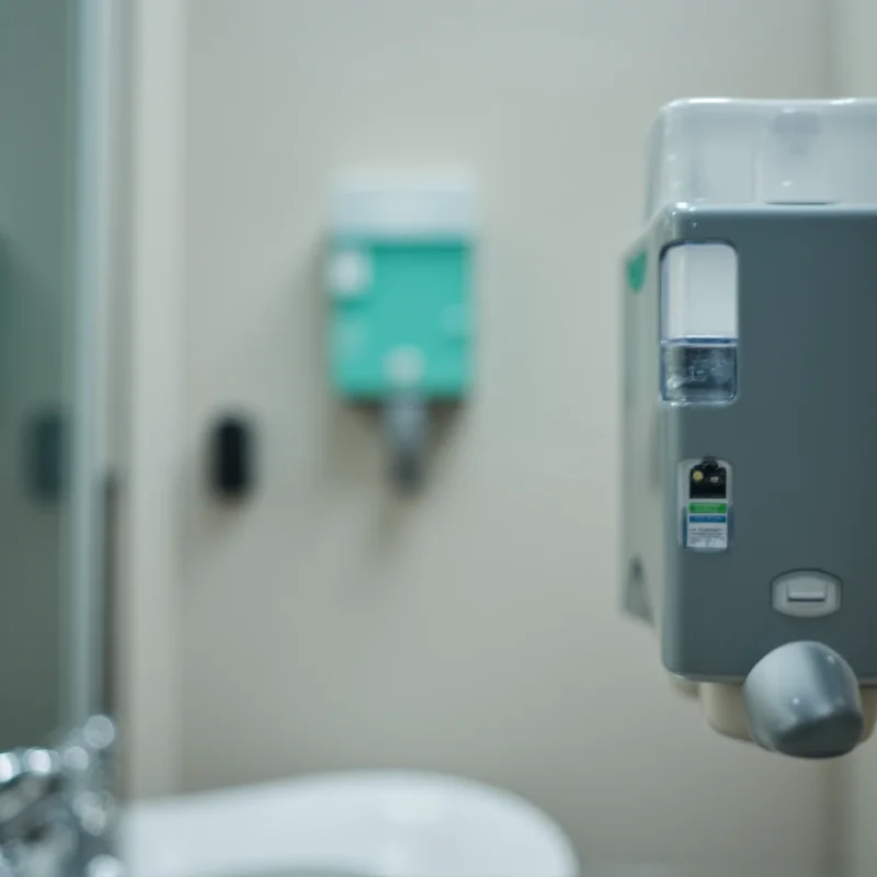 Image of a hand sanitizing dispenser in a public restroom, symbolizing hygiene practices to prevent the spread of norovirus.