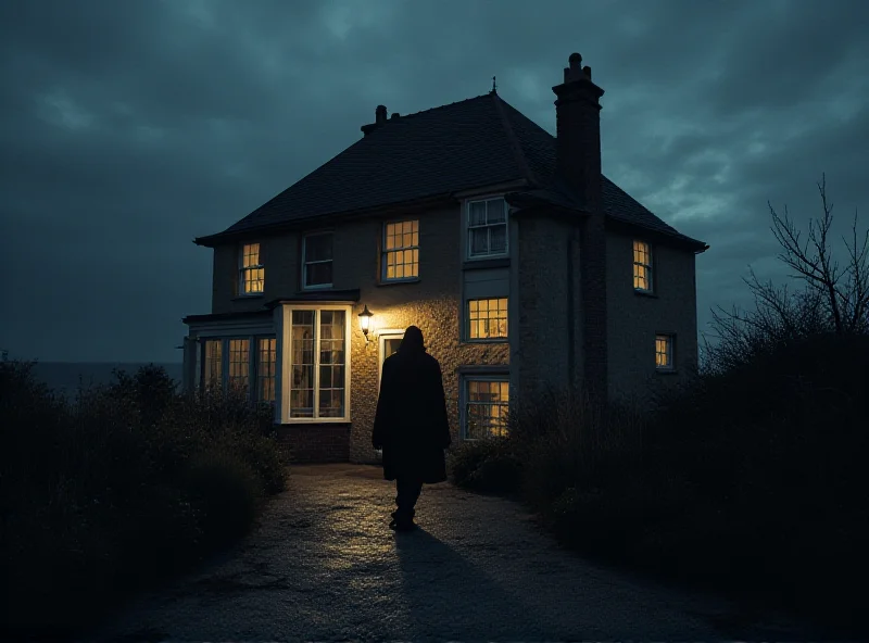 Illustration of a seaside guesthouse with a shadowy figure nearby, symbolizing espionage and intrigue.