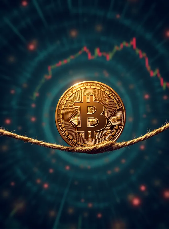 Digital illustration of a Bitcoin coin balancing precariously on a tightrope, symbolizing the risks associated with cryptocurrency investments.