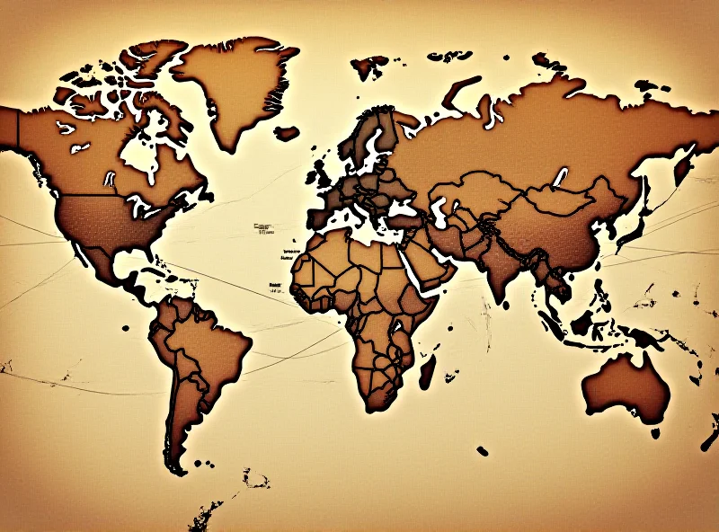 A world map with interconnected lines representing global events and relationships, symbolizing the interconnectedness of the world.