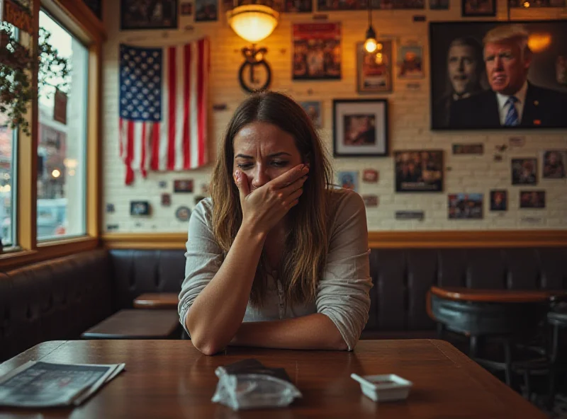 A woman sits alone at a table in a cafe, looking distressed. The cafe is decorated with American flags and Trump memorabilia.