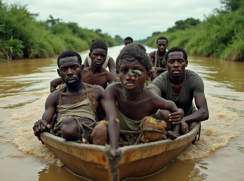 A group of Congolese refugees crossing a river in a small, overcrowded boat. The river is wide and the current appears strong.