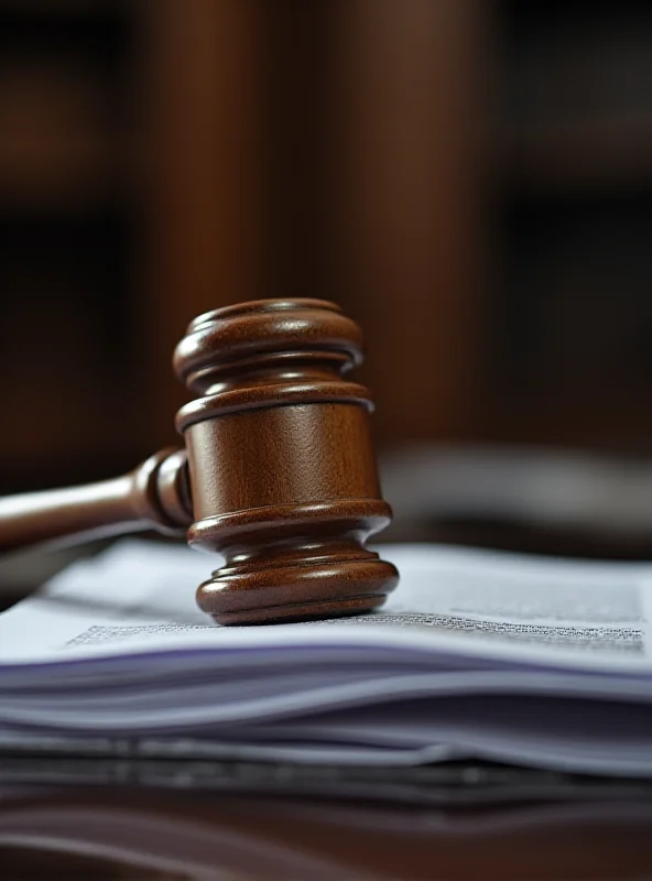 A gavel resting on a stack of legal documents in a courtroom setting.