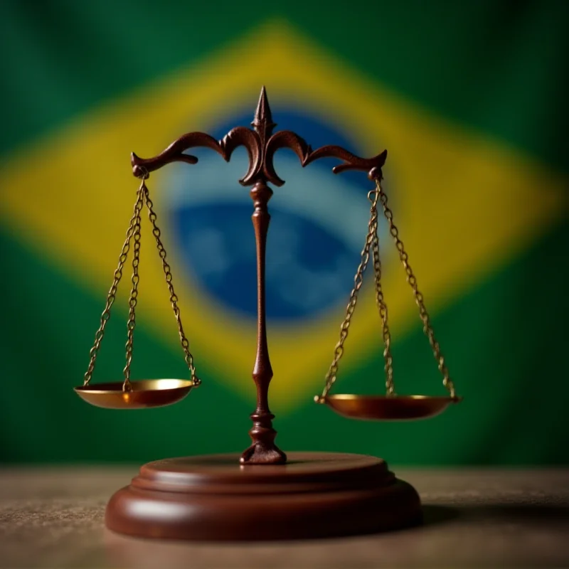 Scales of Justice with the Brazilian flag in the background