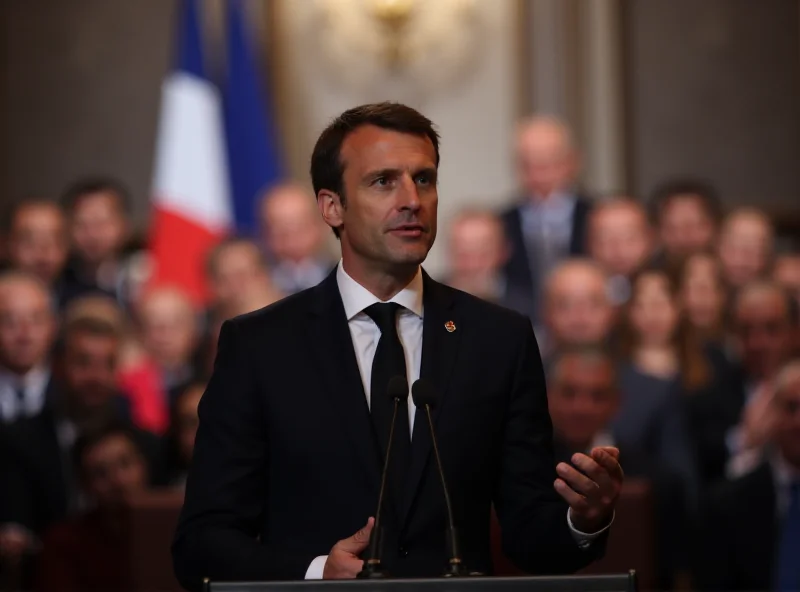 Emmanuel Macron addressing a crowd with the French flag in the background