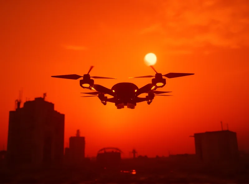 A futuristic drone flying over a battlefield landscape