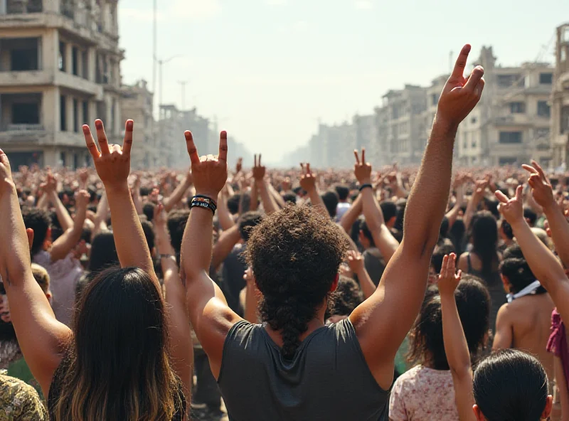 A group of people holding peace signs in a war-torn city. The image should evoke a sense of hope and resilience.