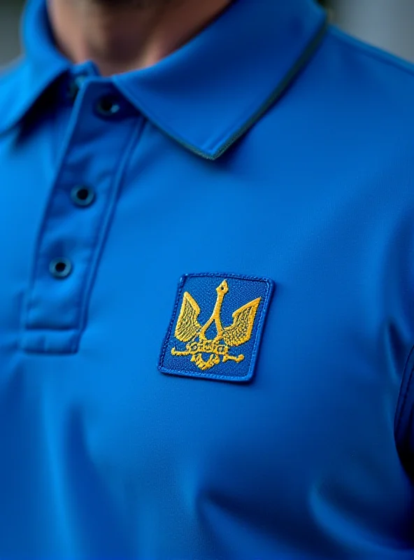 A close-up shot of a blue polo shirt with the Ukrainian trident emblem. The background is blurred.