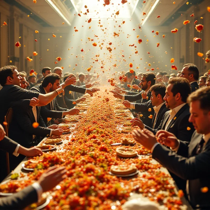 Image depicting a chaotic food fight at an investor summit in India, with people throwing food and plates.