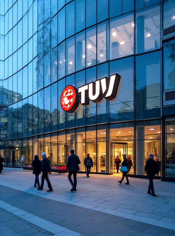 A modern, glass-fronted office building with the European TÜV logo prominently displayed.