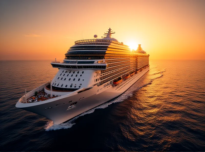 A panoramic view of a Royal Caribbean mega-ship, the Legend of the Seas, sailing through the Mediterranean Sea at sunset.