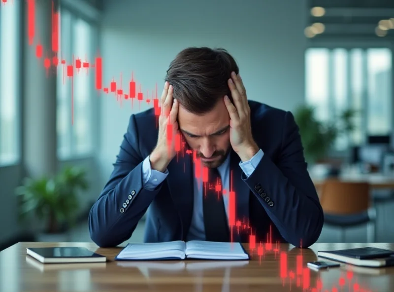 A downward trending stock chart with a stressed-looking business person in the background.