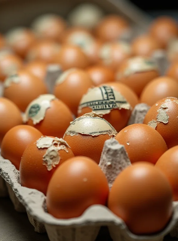 A close-up shot of cracked eggs with dollar bills mixed in, symbolizing the high cost of eggs in the US.