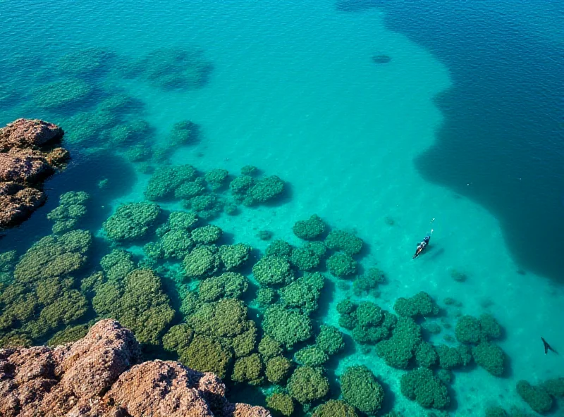 Aerial view of a vibrant coral reef in crystal-clear turquoise waters.