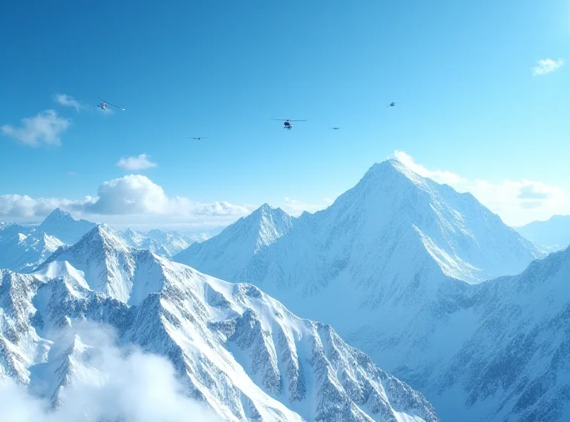 A snowy mountain range in the Himalayas, with rescue helicopters flying overhead.