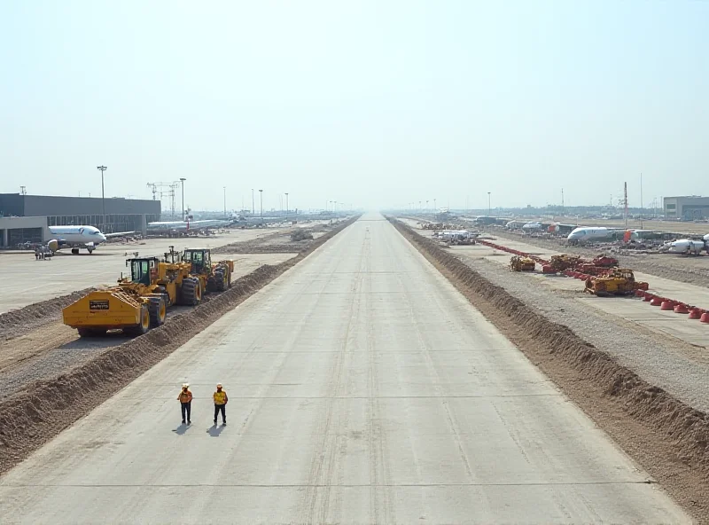 A partially constructed airport runway with heavy machinery and construction workers present.