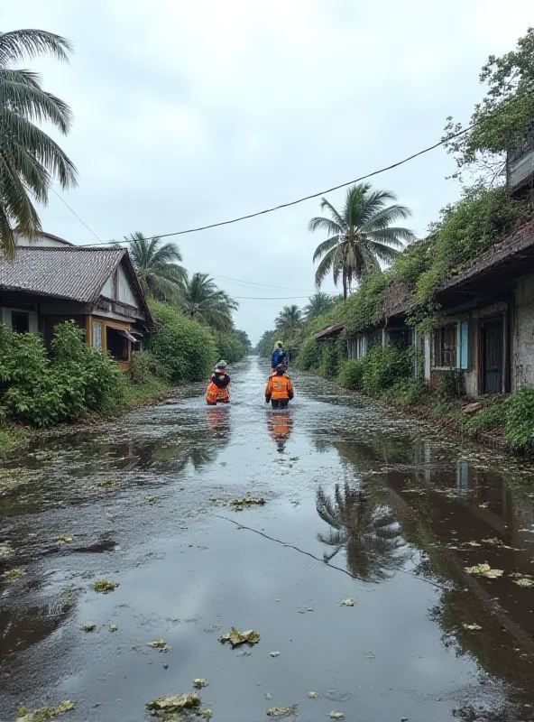 A flooded street in Reunion after the cyclone, with debris and damaged buildings visible.