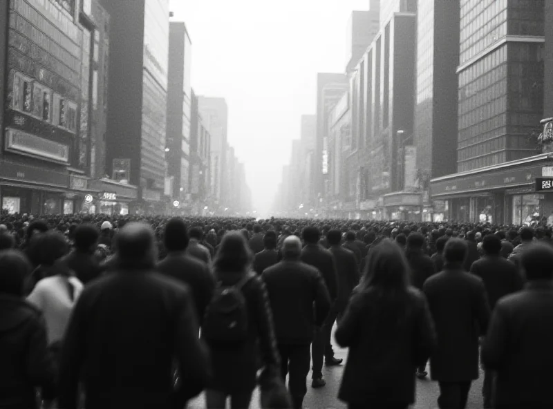 A grayscale image depicting a crowded street scene in Tokyo, Japan, with blurred figures to emphasize the large population density. The image should evoke a sense of urgency and the challenges of a rapidly aging population.