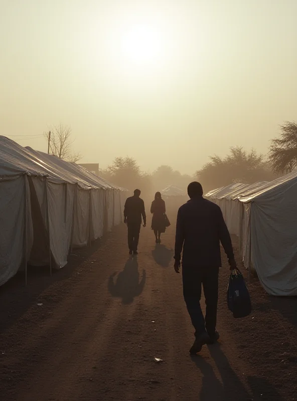 A somber image of a refugee camp in Sudan, with tents stretching into the distance. The scene should evoke a sense of displacement and the human cost of conflict. Focus on the resilience of the people and the challenging conditions they face.