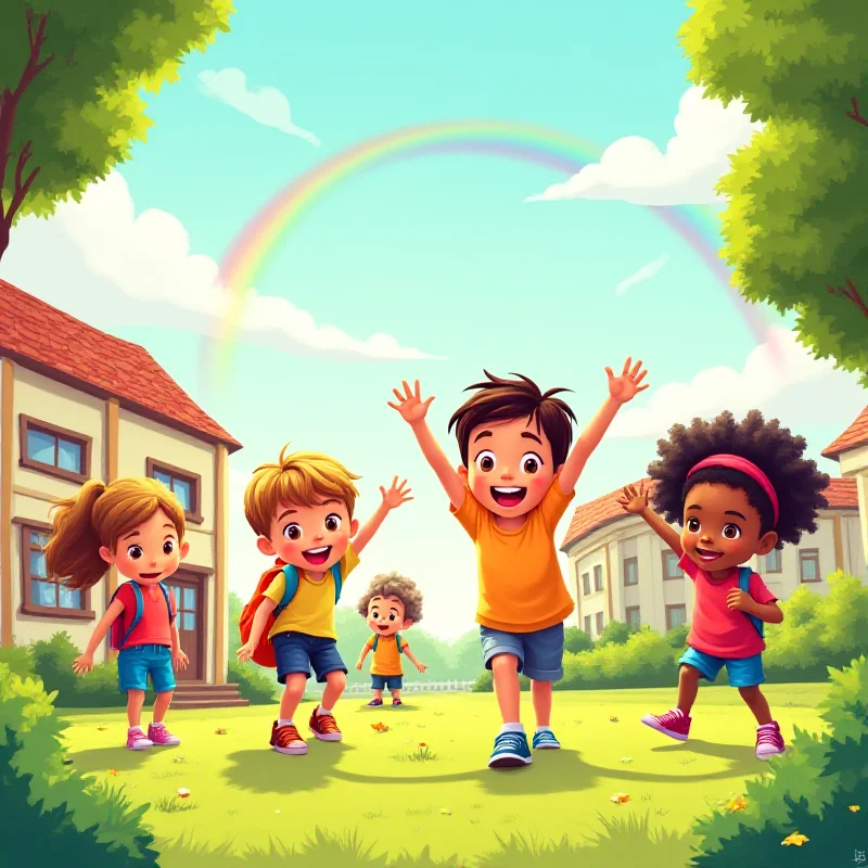 A bright and colorful illustration depicting children playing together in a schoolyard, with elements representing mental well-being such as a rainbow, a tree of knowledge, and happy faces. The image should convey a sense of safety, inclusivity, and the importance of mental health in education.