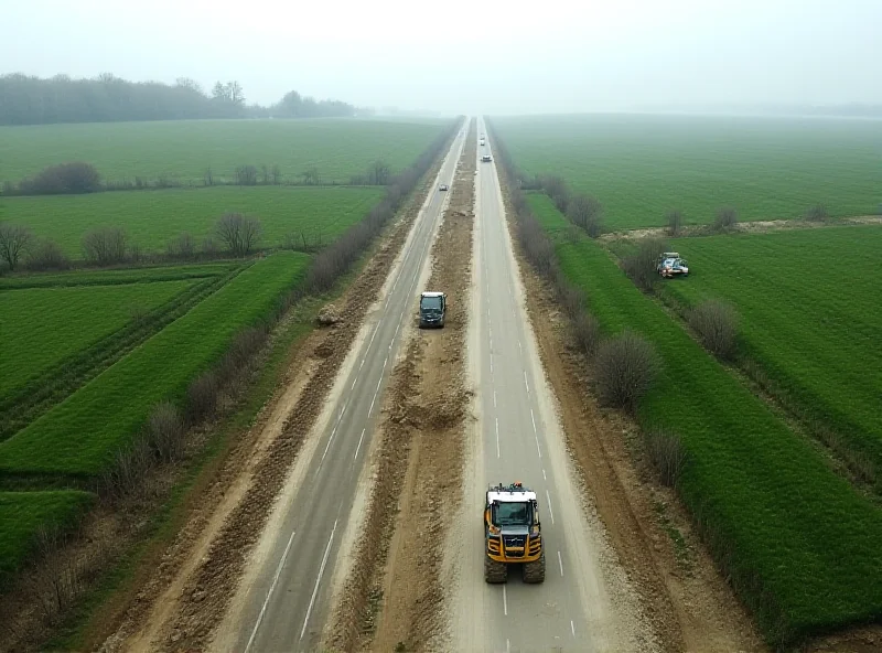 Aerial view of highway construction site in rural France