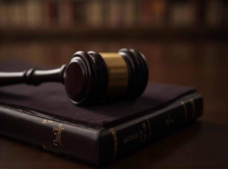 A gavel resting on a law book in a courtroom setting